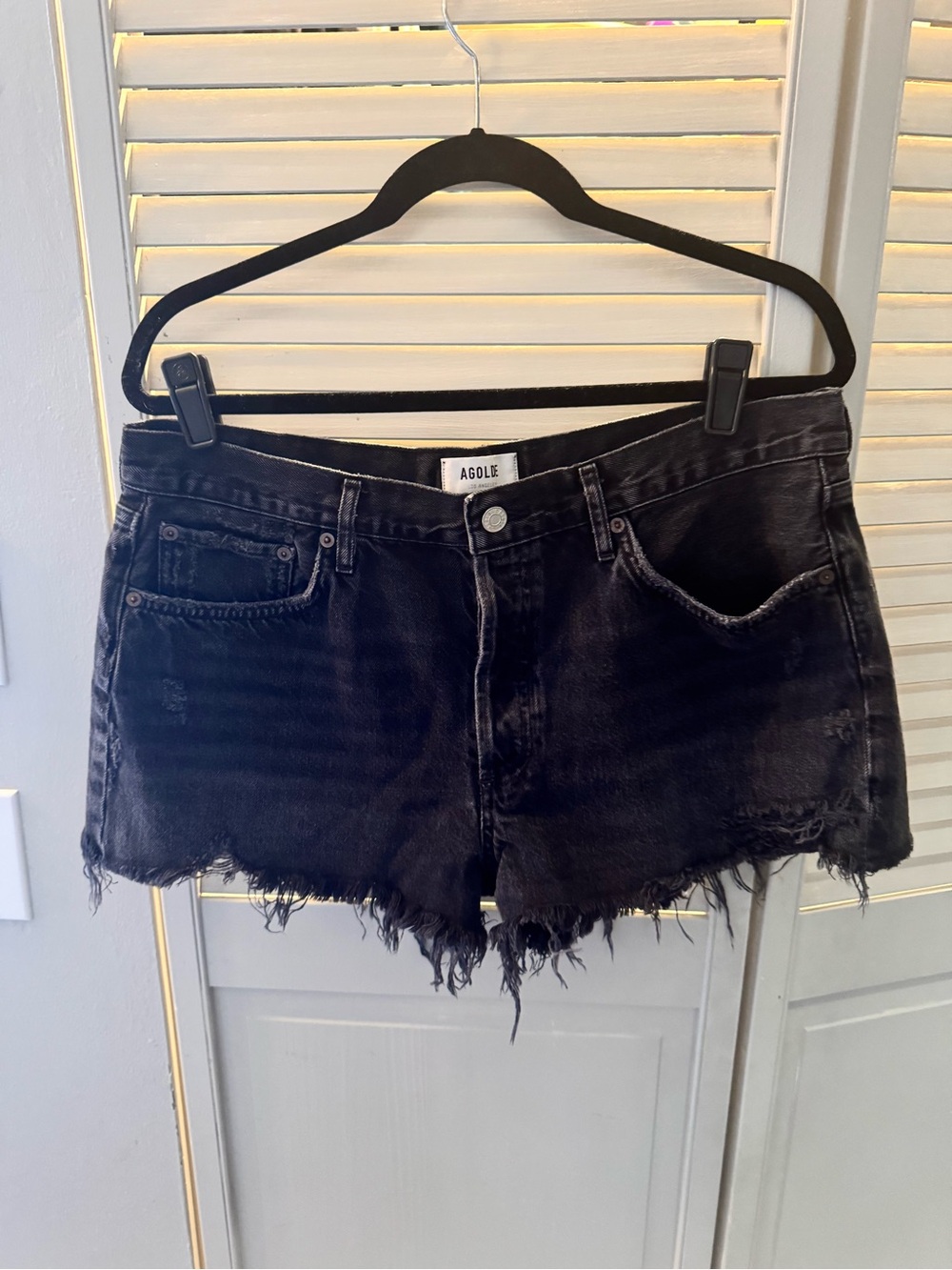 Agolde Parker Black Distressed Raw-Hem Denim Shorts